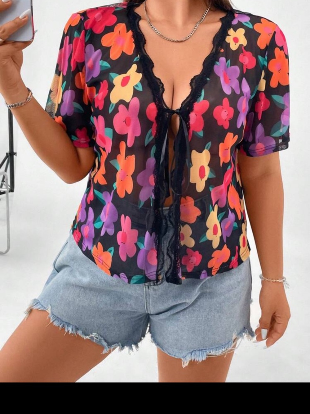 Tie-Front Sheer Floral Blouse - Black Multi